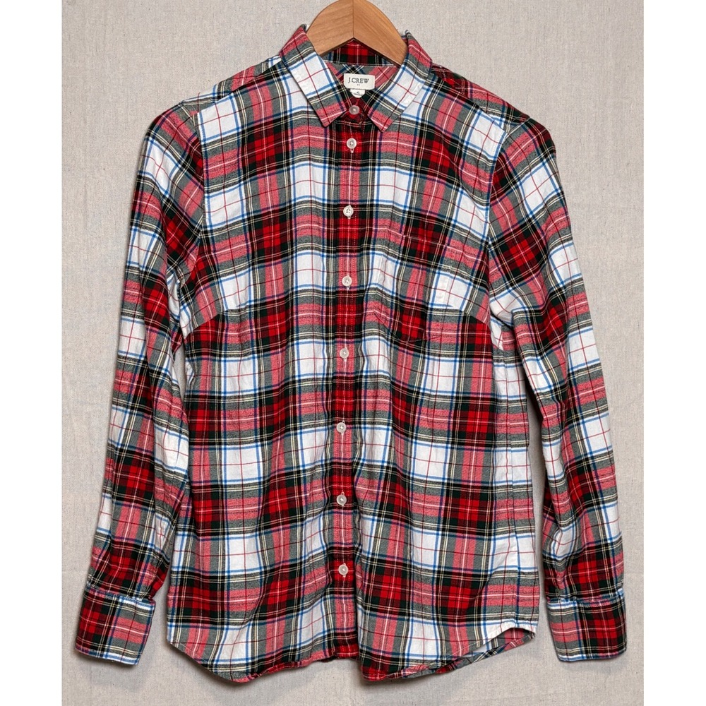 J.Crew Womens Snowy Tartan Red White Plaid Flannel Button Down Shirt BK533 Sz SM